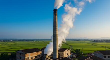Aerial view of a factory chimney emitting white smoke against a vast green field and blue sky