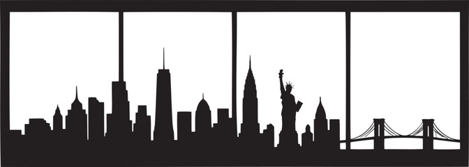 Obraz premium Panoramic new york city skyline silhouette viewed through large windows architectural vector illustration art.