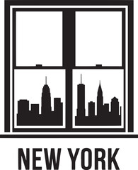 Obraz premium New york city urban landscape silhouette seen through window frame architectural vector drawing design art.