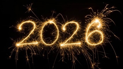 Sparkling 2026 new year's eve celebration with vibrant fireworks against dark background, promising a bright future and joyous festivities