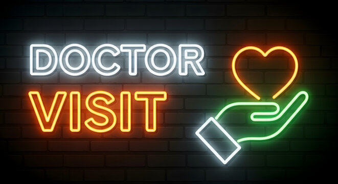 A vibrant neon sign illuminates the words 'DOCTOR VISIT' alongside a luminous heart cradled in an open hand, signifying health and medical care.