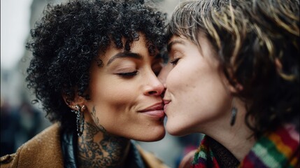 Two women kiss in the street, celebrating love and connection.