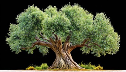 Ancient olive tree with lush green canopy and rugged trunk against a dramatic black background