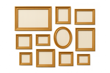 Empty gold wooden picture frame collection on transparent background, gallery wall template for artwork display