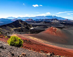 Aerial view of volcanic landscape with colored craters, under bright blue sky