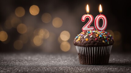 Dark chocolate cupcake with lit number twenty candle for a milestone birthday