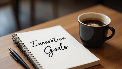 Inspirational Notebook with Coffee and Focus on Innovation Goals