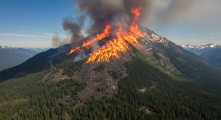 Aerial view of wildfire engulfing mountain, flames and smoke visible against blue sky