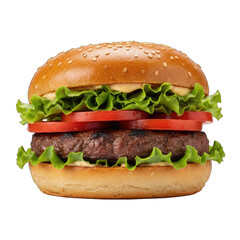 Delicious Hamburger with Lettuce and Tomato on a Sesame Seed Bun Studio Shot Isolated on Black Background