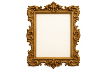 Ornate gold rococo frame with empty space, an antique decorative baroque picture border on transparent background for design