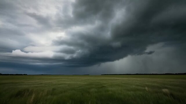 Dramatic storm clouds gathering over a vast green field, with rain visible in the distance under a dark sky