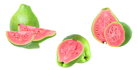 whole and sliced pink flesh guava fruits isolated on a transparent background, showcasing the vibrant tropical fruit against a dark backdrop photograph.