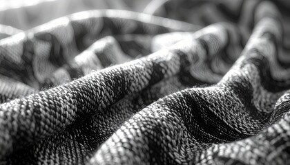 Close-up texture of woven black and white fabric material showing detailed interlaced threads, soft textile surface, natural cotton weave pattern, stylish monochrome design suitable for background, fa