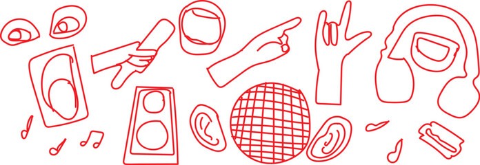 Abstract red line art of hands and audio equipment A collection of red line drawings depicting hands in various gestures alongside abstract representations of audio equipment like speakers 