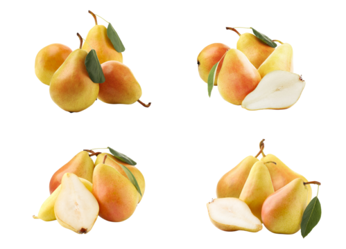 ripe and juicy blushing red and yellow d'anjou or similar pear variety fruits with green leaves isolated on a transparent background photograph.