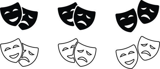 theatre mask black black line icons set vector design art