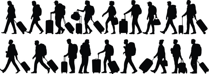 Travelers, walking, silhouettes, luggage, airport, journey, transit, tourism, people, motion, suitcase, travel, vacation, black, isolated, crowd, mobility, departure, passengers,