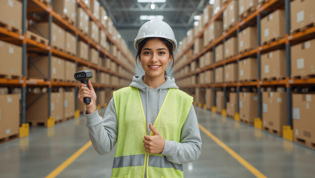 Female warehouse worker in a hard hat and high-visibility vest holding a barcode scanner, symbolizing efficient inventory management, logistics technology, and modern distribution center operations