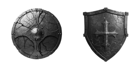 Heavily Damaged Ancient Iron Viking Shield isolated on transparent background