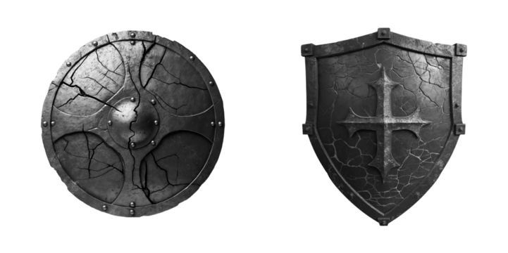 Heavily Damaged Ancient Iron Viking Shield isolated on transparent background