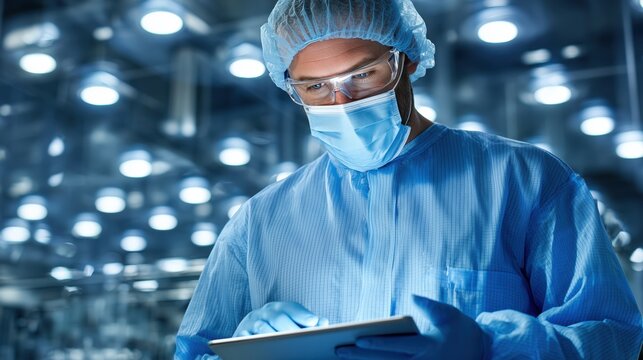 Male scientist in a cleanroom suit and mask working on a digital tablet