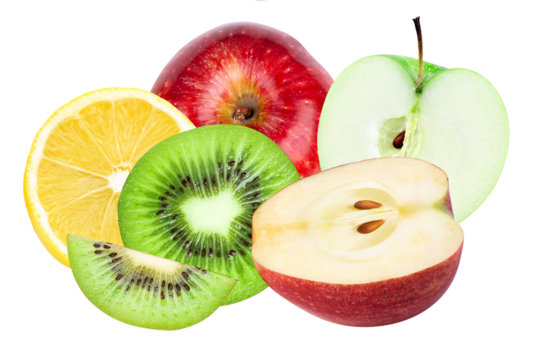 colorful cluster of sliced and halved fruits including crisp apple, vibrant kiwi, and bright yellow lemon isolated on a transparent background photograph. - Powered by Adobe