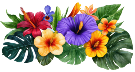 Tropical flower and leaf isolated on white background, PNG transparent clipart.