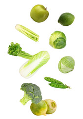 assortment of fresh green vegetables and fruits including broccoli, celery, lime, peas, and sprouts, isolated on transparent background for healthy eating concepts.
