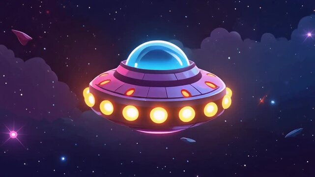 A colorful alien spaceship with bright glowing lights exploring the vast cosmos in a whimsical cartoon style illustration