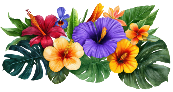 Tropical flower and leaf isolated on white background, PNG transparent clipart.