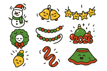 Fototapeta premium Colorful Christmas and New Year decorations featuring cheerful characters and festive symbols