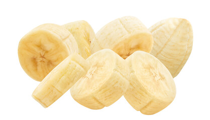 pile of freshly cut, ripe banana slices clustered together and floating, isolated against a pure transparent background, perfect for breakfast and nutritional campaigns.
