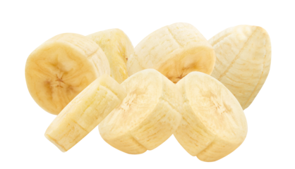 pile of freshly cut, ripe banana slices clustered together and floating, isolated against a pure transparent background, perfect for breakfast and nutritional campaigns.