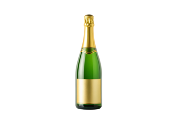 Elegant champagne bottle, green glass, gold foil cap, decorative blank label area, isolated on a transparent background