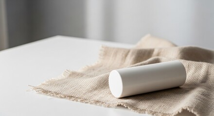 Naklejka premium Minimalist White Product Cylinder on Natural Linen Fabric perfect for Product display, packaging mockup, beauty blog,