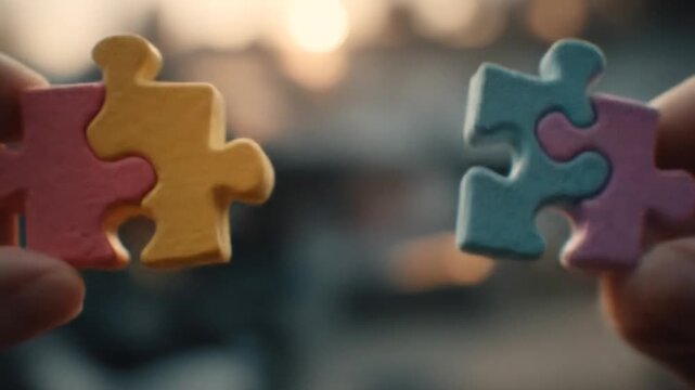 Two sets of colorful puzzle pieces are being held together by hands