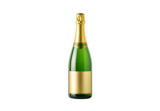 Elegant champagne bottle, green glass, gold foil cap, decorative blank label area, isolated on a transparent background