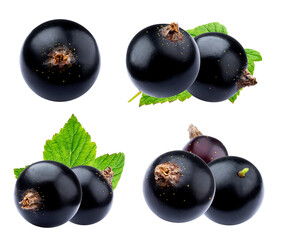 several clusters of ripe black currants, some with green leaves attached, isolated against a solid transparent background, showcasing high detail and gloss.