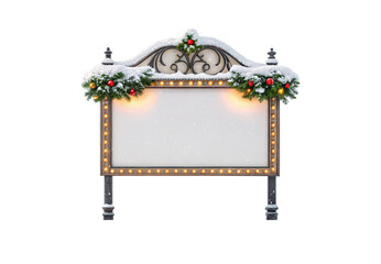 Ornate theater marquee with snow, lit bulbs, decorative scrollwork, festive garland, red ornaments, isolated on a transparent background