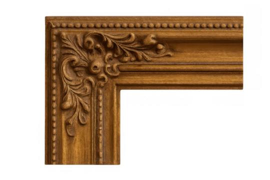 Ornate gold wooden frame corner with carving and moulding, displaying antique vintage decor element on transparent background