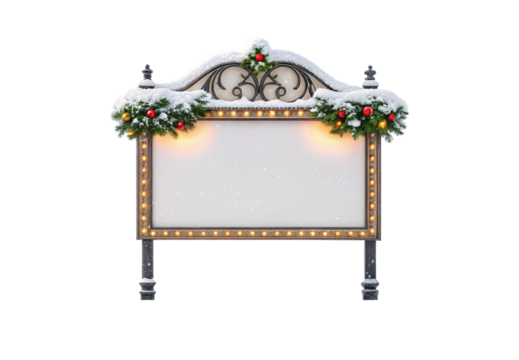 Ornate theater marquee with snow, lit bulbs, decorative scrollwork, festive garland, red ornaments, isolated on a transparent background