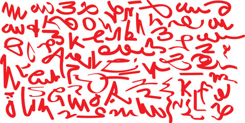 Abstract red scribbles and symbols on white background  A chaotic and energetic composition of red lines, shapes, and what appear to be abstract characters or symbols on a plain white surface.