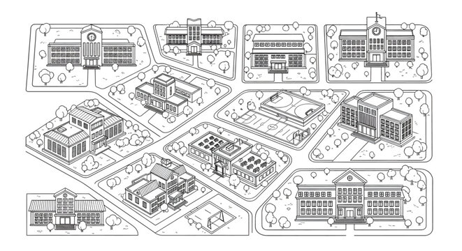 Isometric line art illustration of a city district map with various public buildings like schools and hospitals.