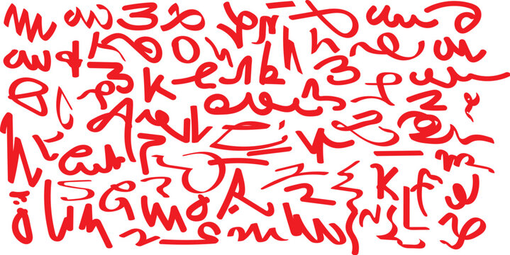 Abstract red scribbles and symbols on white background  A chaotic and energetic composition of red lines, shapes, and what appear to be abstract characters or symbols on a plain white surface.