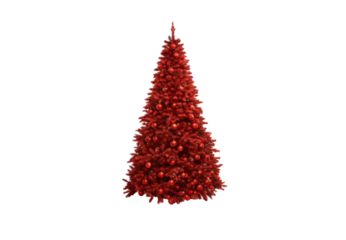 Fully decorated red artificial Christmas tree with matching ornaments and balls, isolated on a transparent background