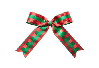 Red and green plaid Christmas bow with decorative gold edges, isolated on a transparent background