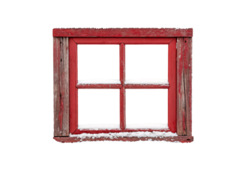 Rustic red painted wooden window frame with four panes and snow, isolated on a transparent background