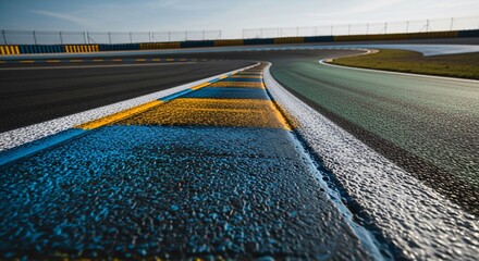 Dynamic Racetrack Curve with Vibrant Blue and Yellow Markings perfect for motorsport promotion, website banner, event