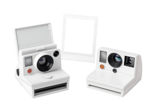 Modern Instant Cameras with Retro Photo Display isolated on transparent background