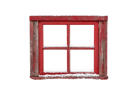 Rustic red painted wooden window frame with four panes and snow, isolated on a transparent background